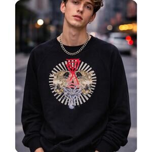 Just Cavalli Black Crew Neck Sweatshirt with Duo Leopards Print Size L Luxury